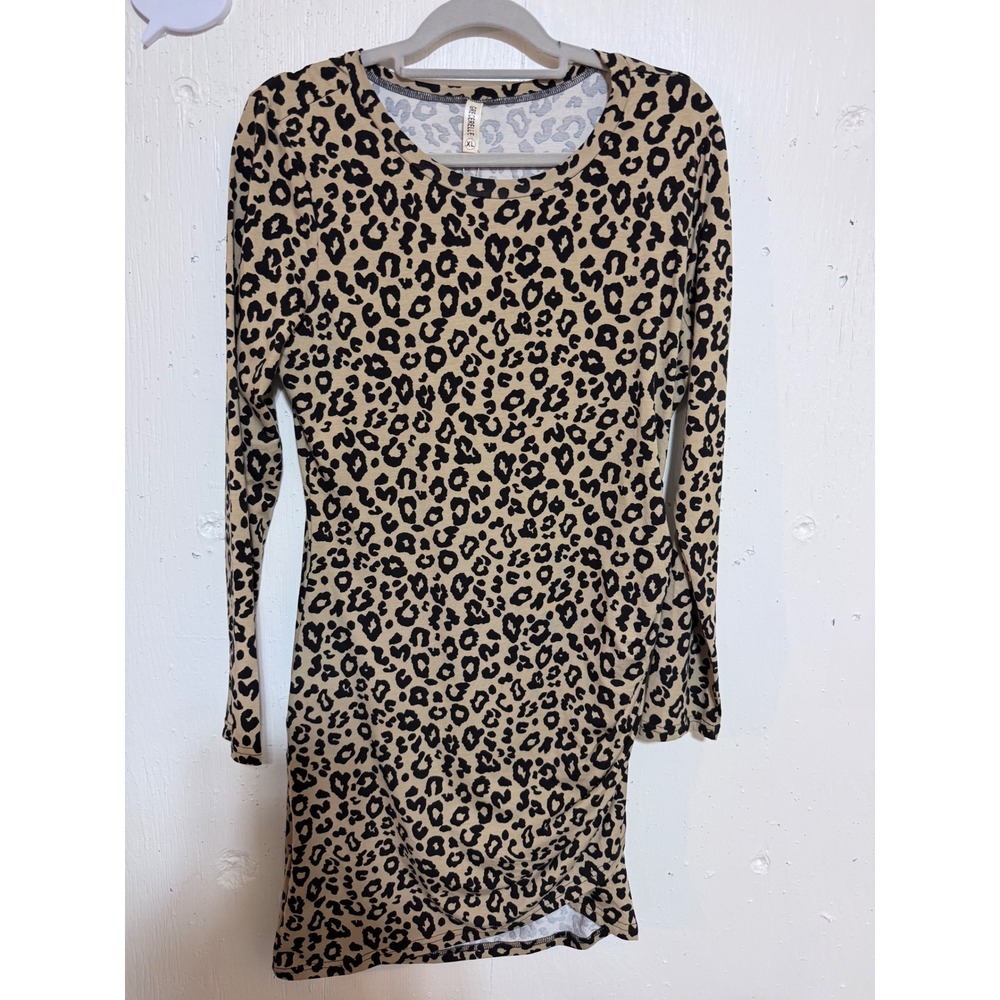 Grecerelle Leopard Print Ruched Mini Dress Long Sleeve Tan Black XL NWT